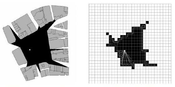 Visualization of spatial perception field (e.g., isovist) from a point on a trajectory